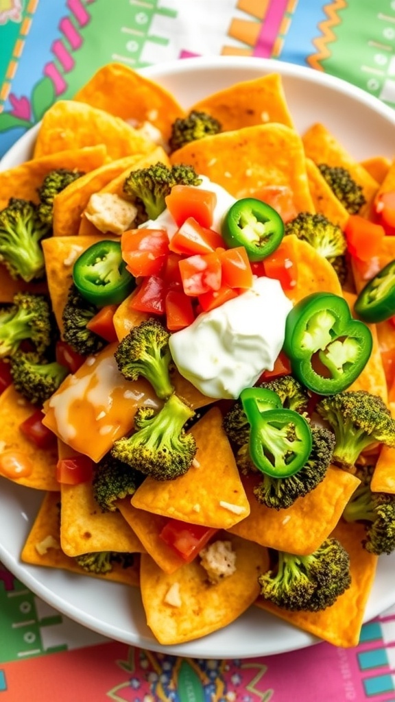 Crispy air fryer broccoli nachos with cheese, salsa, and jalapeños on a plate.